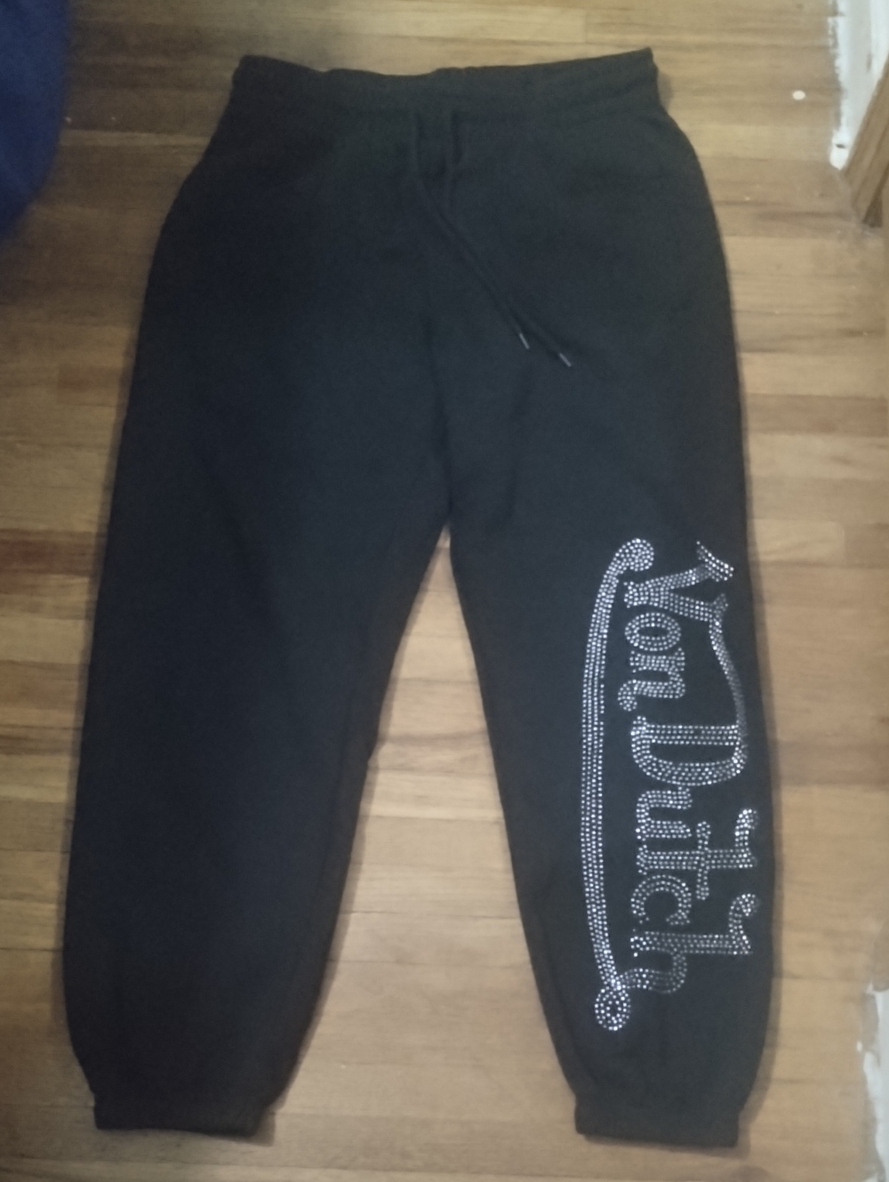 Von Dutch Black Sweatpants with Rhinestone Logo